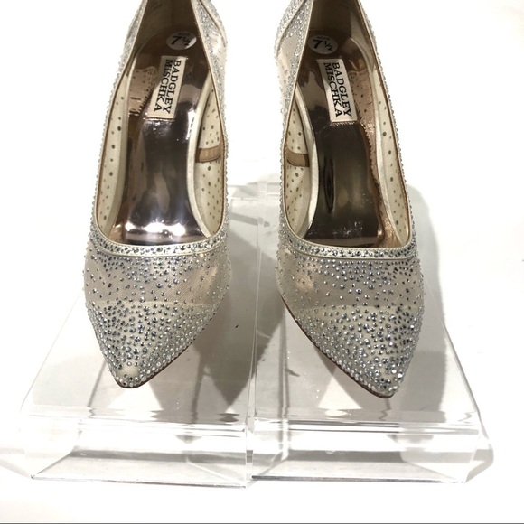 Badgley Mischka Collection Weslee Satin Pointy Toe Rhinestone Pump Heels Ivory - Picture 4 of 12